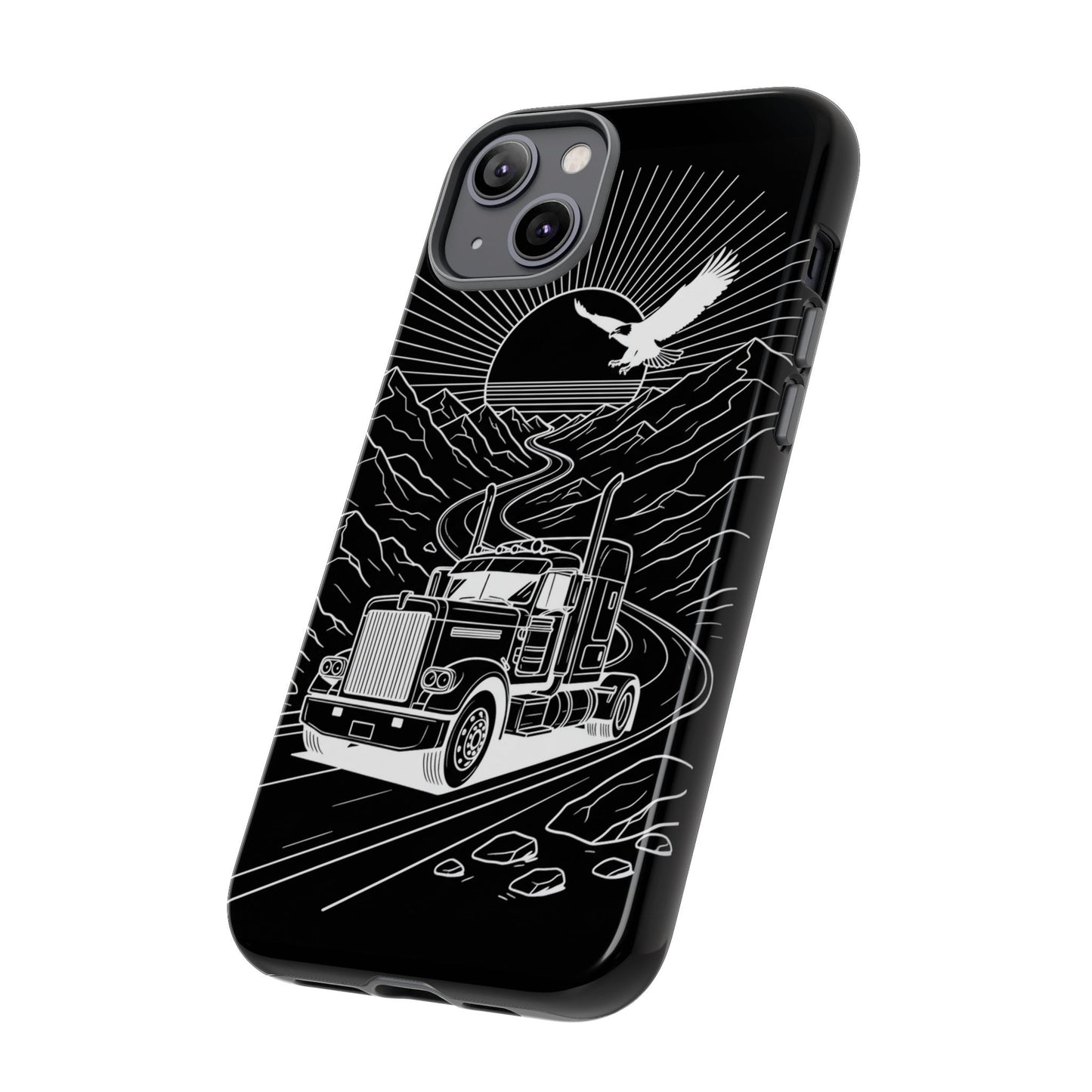 Trucker Highway Phone Case | Eagle & Mountain Line Art | Black Western Tough Case