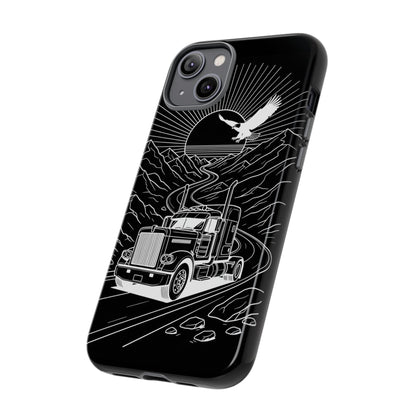 Trucker Highway Phone Case | Eagle & Mountain Line Art | Black Western Tough Case