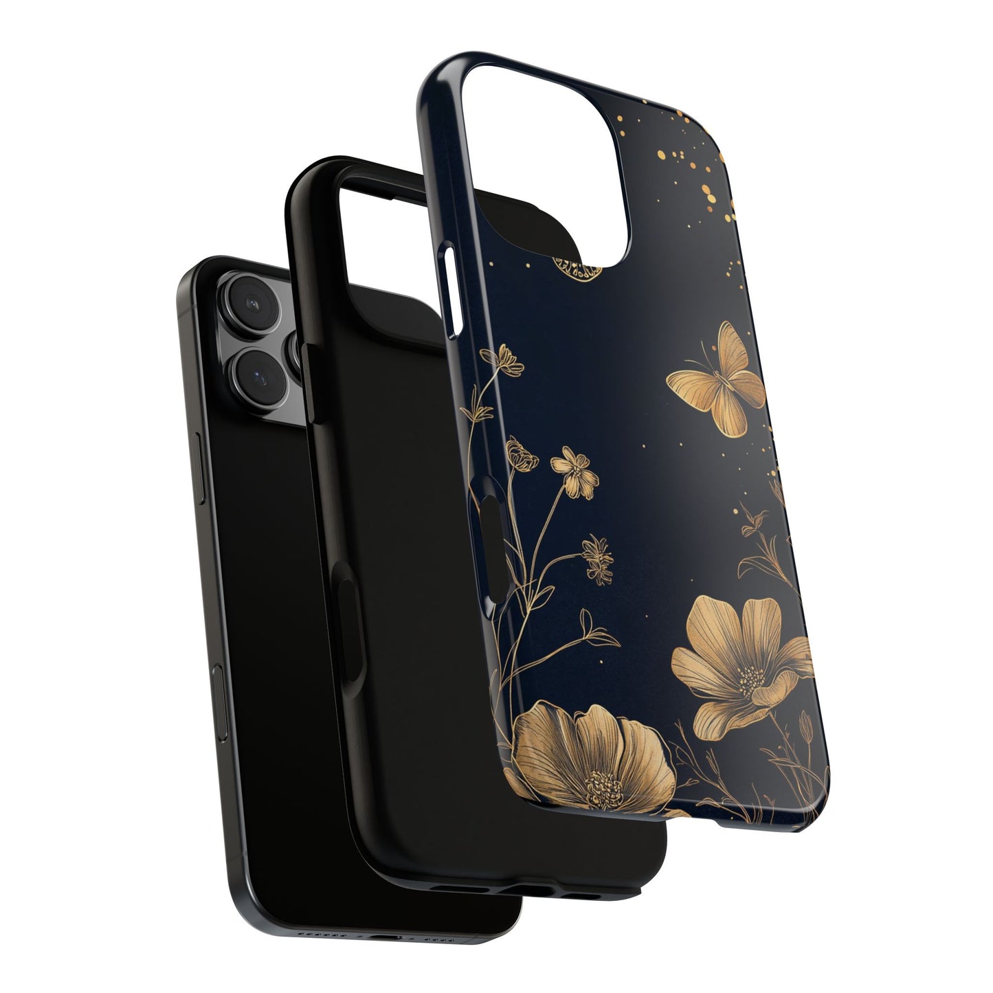 Gold Floral Butterfly Phone Case, Dark Aesthetic Botanical, Elegant Black Luxury iPhone Samsung Cover