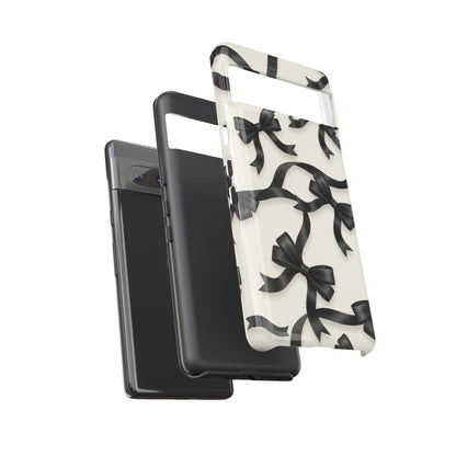Black Ribbon Bow Phone Case, Minimal Bow Pattern Tough Protective Case