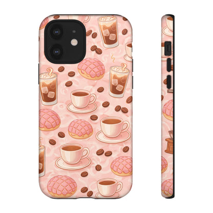 Cute Coffee & Pink Concha Phone Case – Coffee Lover Aesthetic Latte Pattern Tough Case