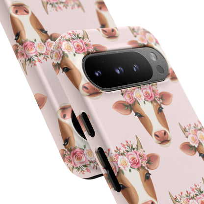 Floral Cow Phone Case – Cute Pink Cow Print Tough Protective Case for Iphone, Samsung Galaxy and Pixel