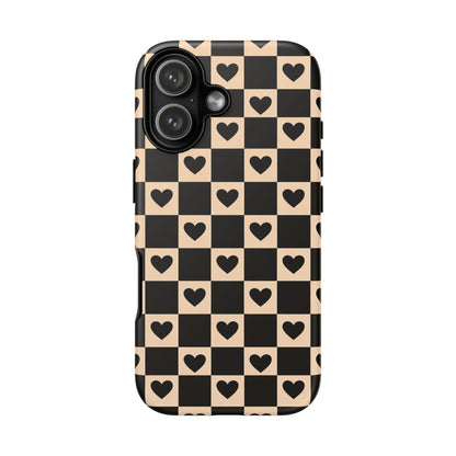 Checkerboard Heart Phone Case – Black & Beige Cute Aesthetic Protective Cover for Iphone, Samsung Galaxy and Pixel