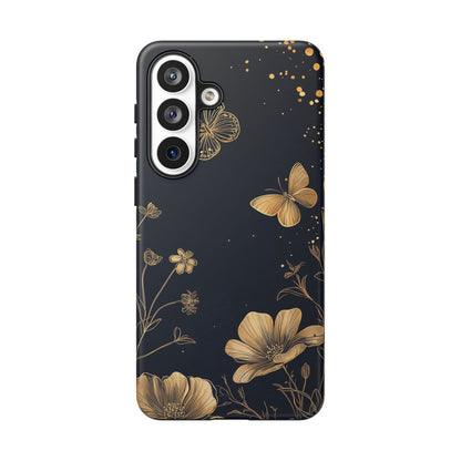 Gold Floral Butterfly Phone Case, Dark Aesthetic Botanical, Elegant Black Luxury iPhone Samsung Cover