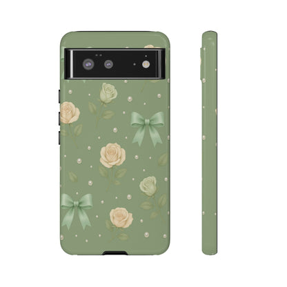 Vintage Rose Bow Phone Case – Sage Green Floral Coquette Aesthetic Tough Case (iPhone, Samsung, Pixel)