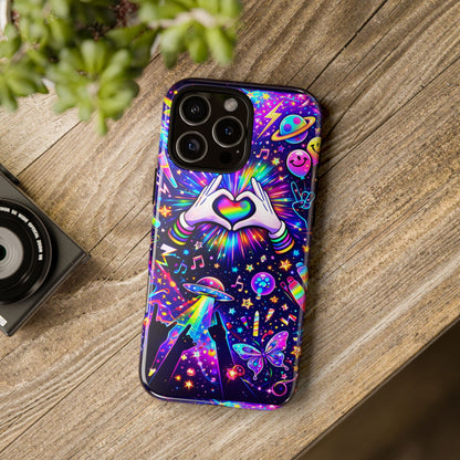 Rainbow Heart Hands Phone Case – Neon Galaxy EDM Festival Tough Cover