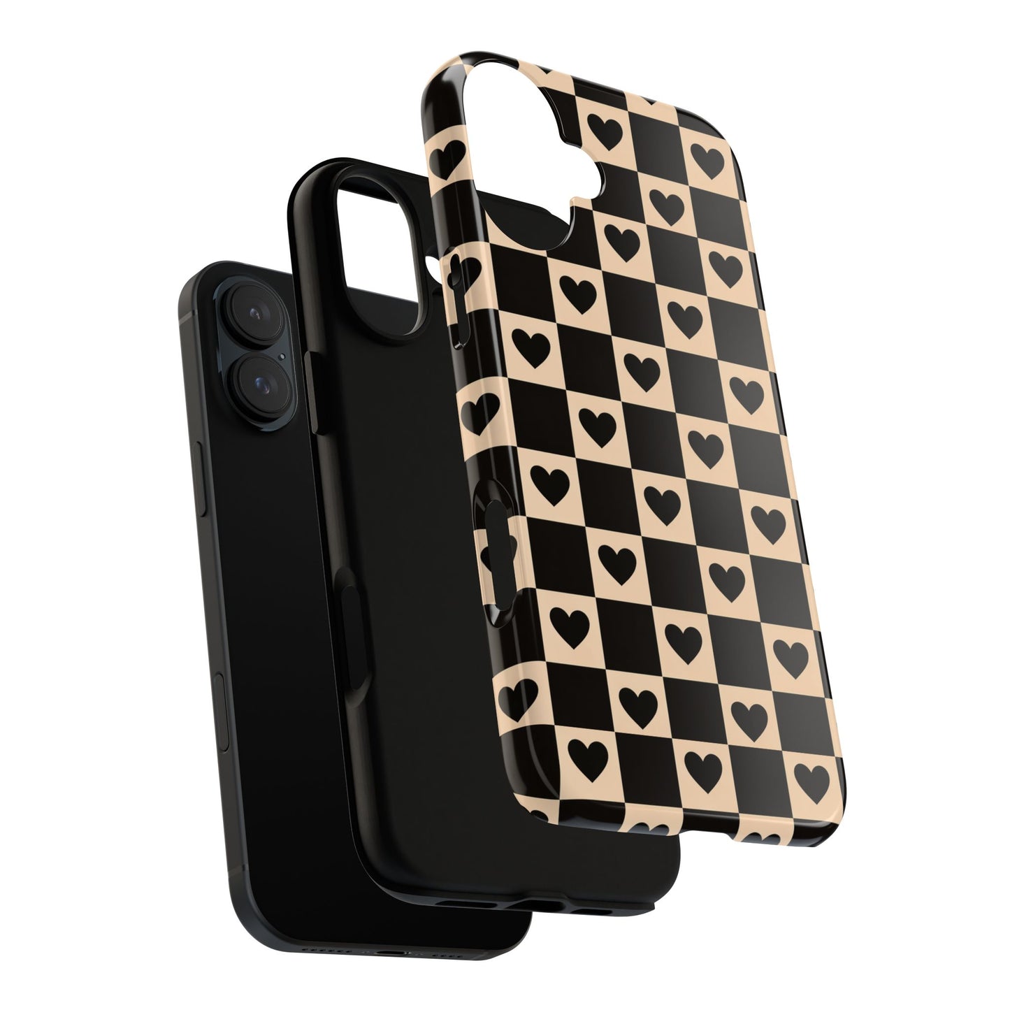 Checkerboard Heart Phone Case – Black & Beige Cute Aesthetic Protective Cover for Iphone, Samsung Galaxy and Pixel