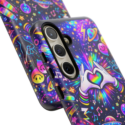 Rainbow Heart Hands Phone Case – Neon Galaxy EDM Festival Tough Cover