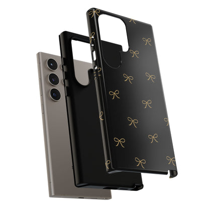 Black Phone Case with Gold Bow Pattern – Slim Protective Cute Aesthetic Cover for Iphone, Samsung Galaxy and Pixel