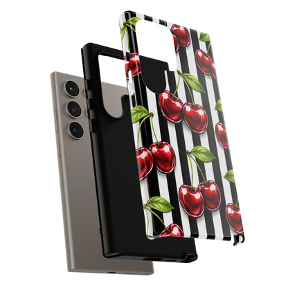 Cherry Pattern Phone Case Black White Stripe Retro Aesthetic Tough Cover