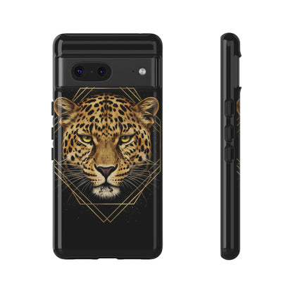 Leopard Head Geometric Phone Case – Black & Gold Luxe Tough Case