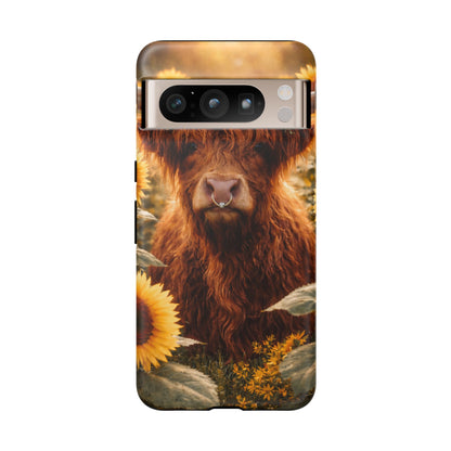 Highland Cow Sunflower Phone Case | Floral Farmhouse iPhone, Samsung Galaxy and Pixel Cover