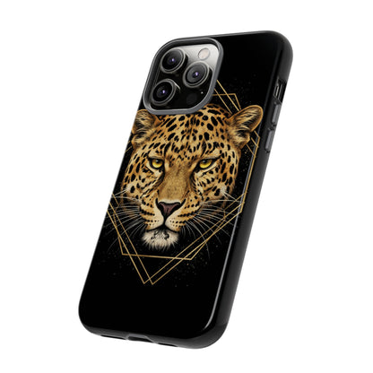 Leopard Head Geometric Phone Case – Black & Gold Luxe Tough Case