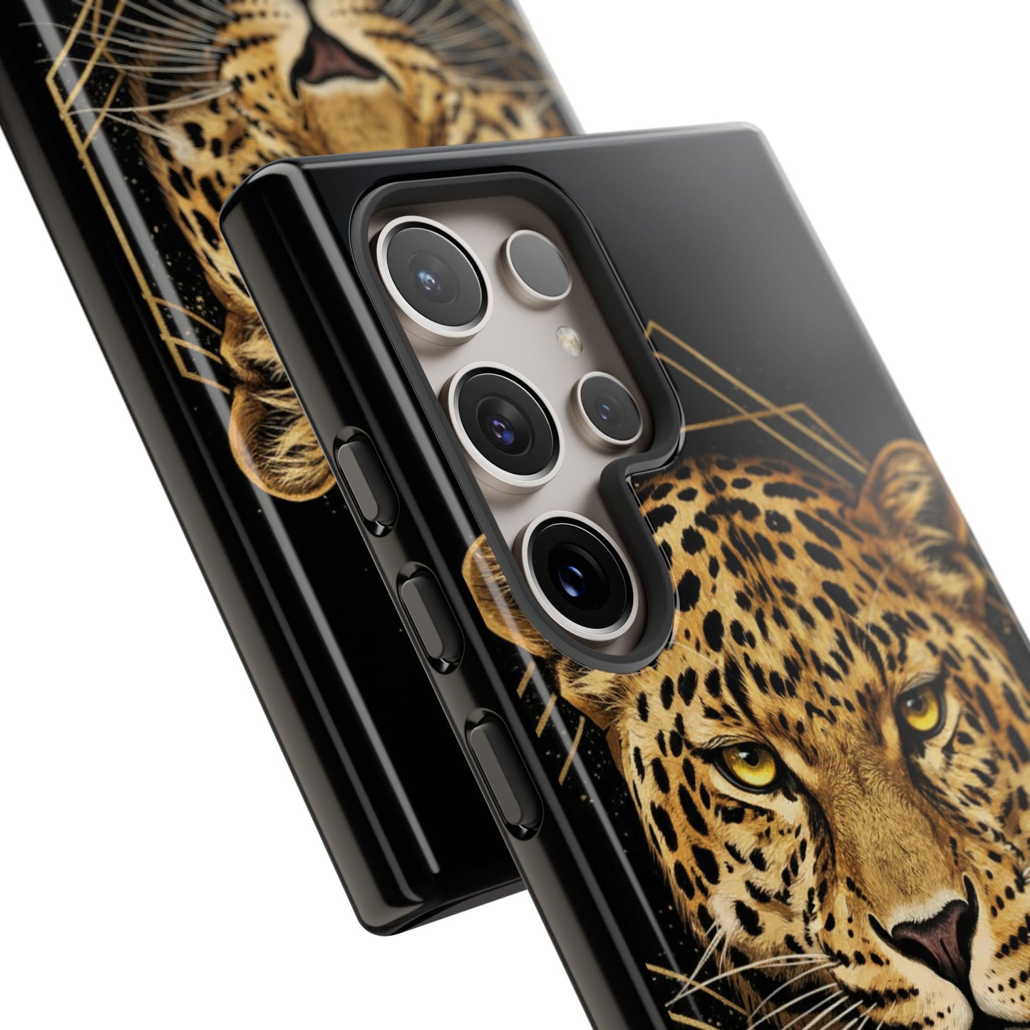 Leopard Head Geometric Phone Case – Black & Gold Luxe Tough Case