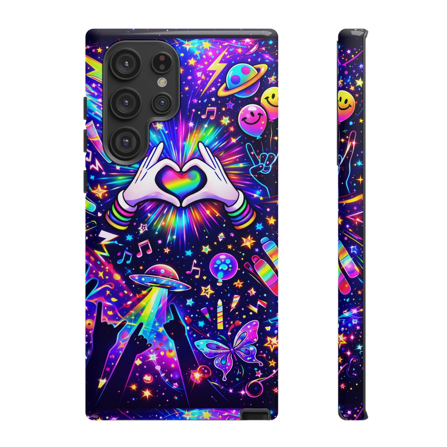 Rainbow Heart Hands Phone Case – Neon Galaxy EDM Festival Tough Cover