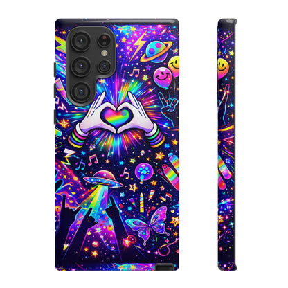 Rainbow Heart Hands Phone Case – Neon Galaxy EDM Festival Tough Cover