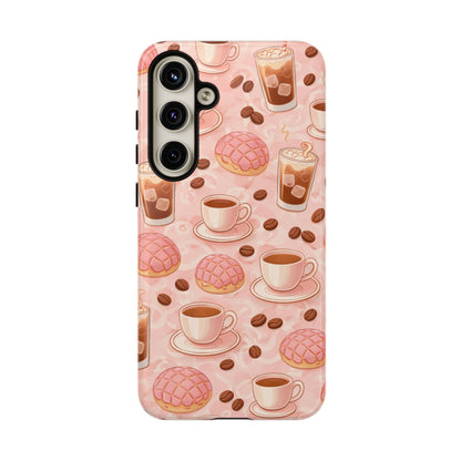 Cute Coffee & Pink Concha Phone Case – Coffee Lover Aesthetic Latte Pattern Tough Case