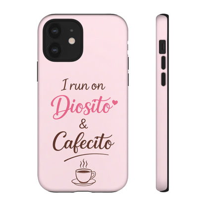 I Run on Diosito y Cafecito Phone Case, Pink Aesthetic Latina Faith Coffee Case, Girly Protective iPhone Samsung Cover