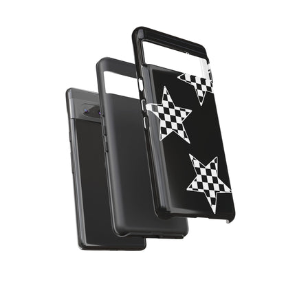 Checkered Star Tough Phone Case – Black Retro Graphic Protective Cover for Iphone, Samsung Galaxy and Pixel