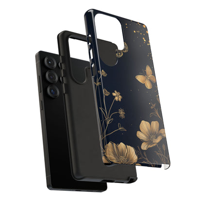 Gold Floral Butterfly Phone Case, Dark Aesthetic Botanical, Elegant Black Luxury iPhone Samsung Cover