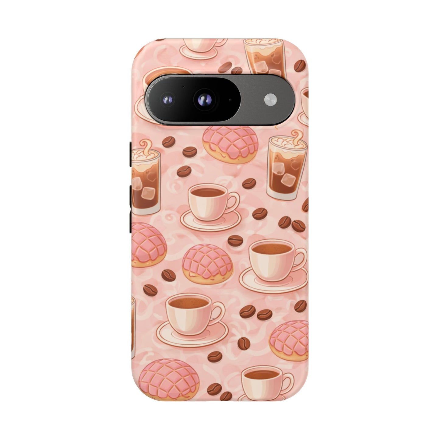 Cute Coffee & Pink Concha Phone Case – Coffee Lover Aesthetic Latte Pattern Tough Case