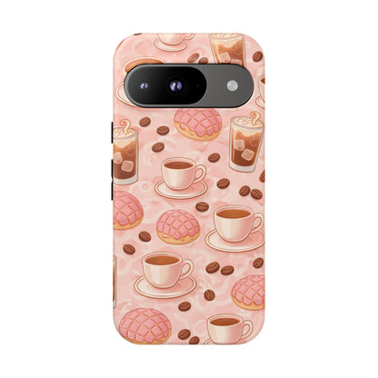 Cute Coffee & Pink Concha Phone Case – Coffee Lover Aesthetic Latte Pattern Tough Case