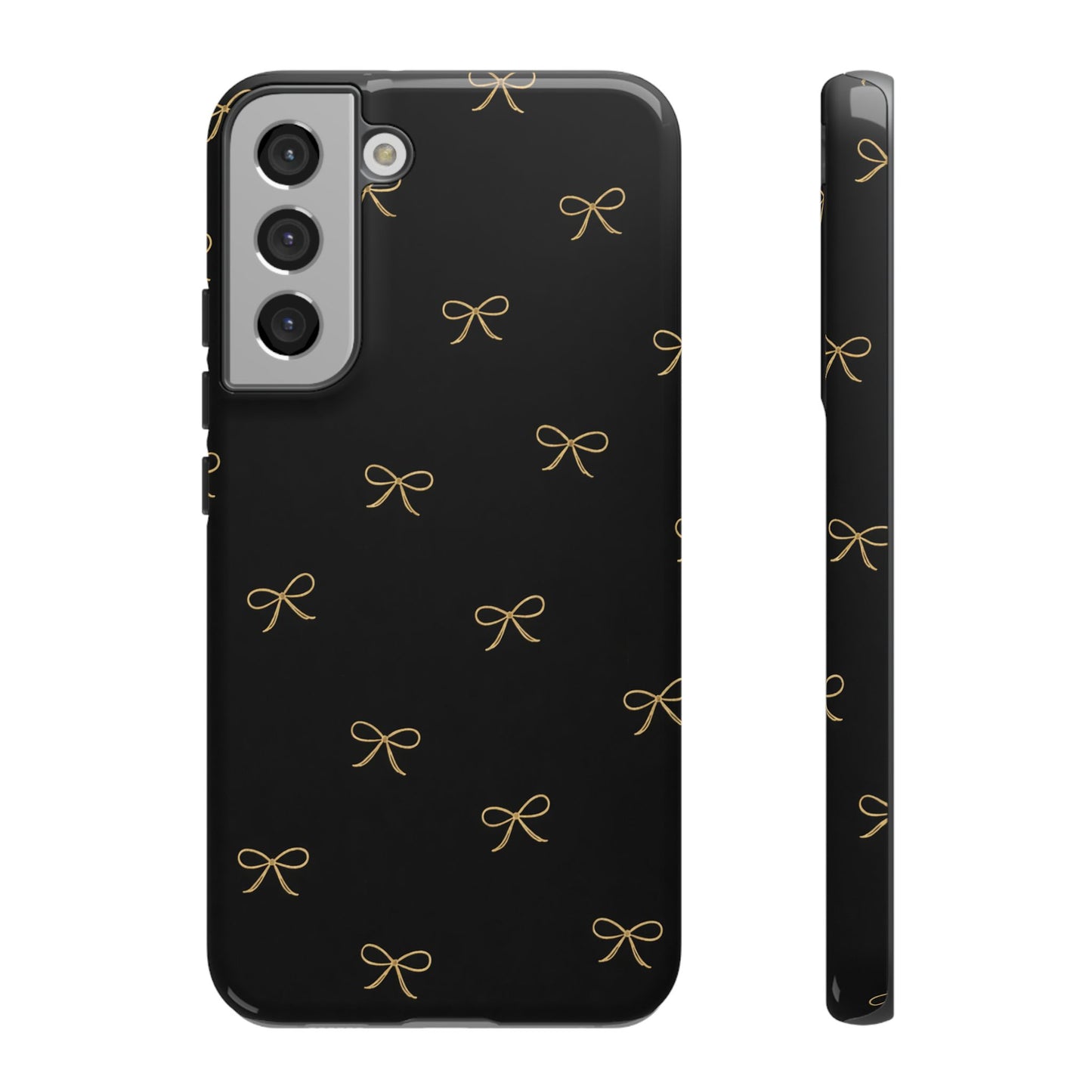 Black Phone Case with Gold Bow Pattern – Slim Protective Cute Aesthetic Cover for Iphone, Samsung Galaxy and Pixel