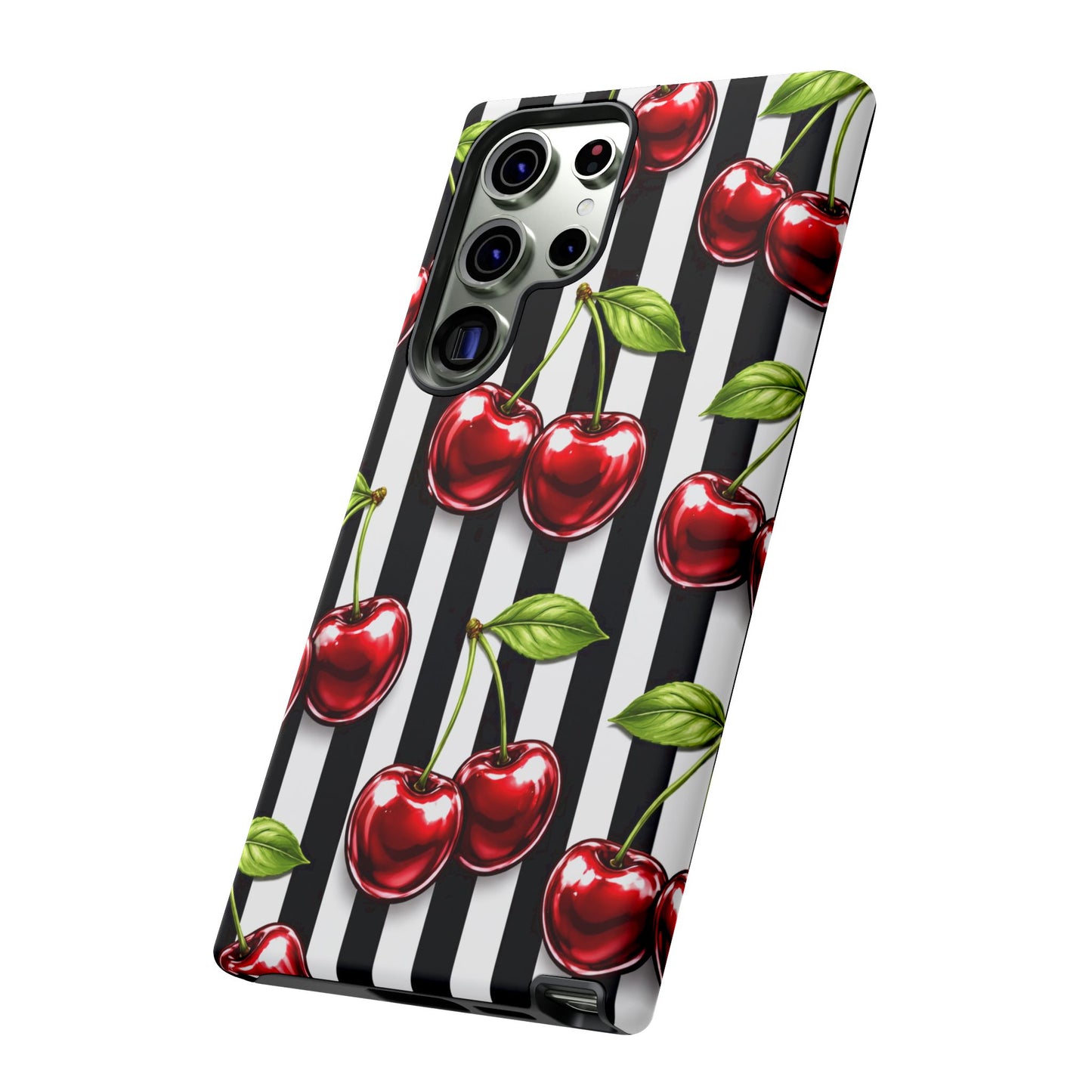 Cherry Pattern Phone Case Black White Stripe Retro Aesthetic Tough Cover
