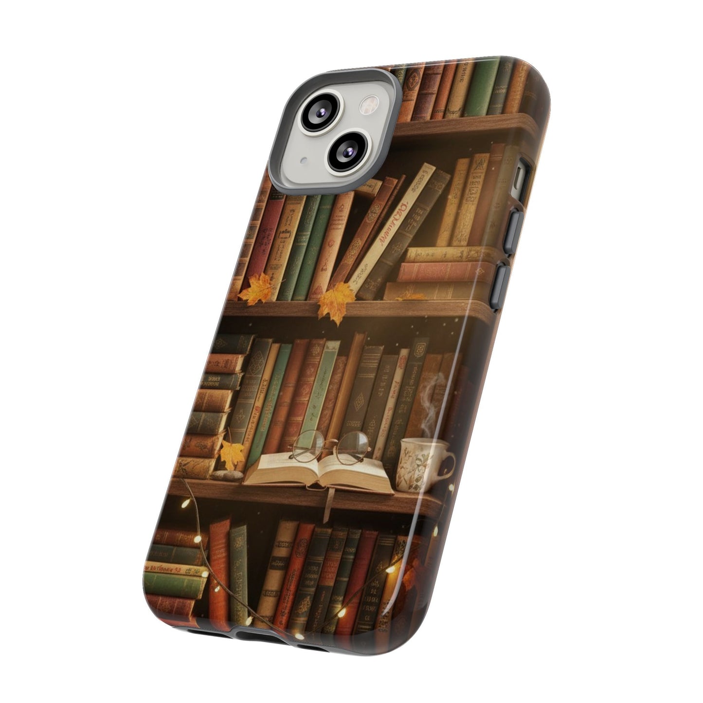 Cozy Vintage Bookshelf Phone Case, Library Aesthetic Book Stack, Autumn Coffee Vibes (iPhone, Samsung, Pixel)