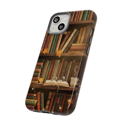 Cozy Vintage Bookshelf Phone Case, Library Aesthetic Book Stack, Autumn Coffee Vibes (iPhone, Samsung, Pixel)