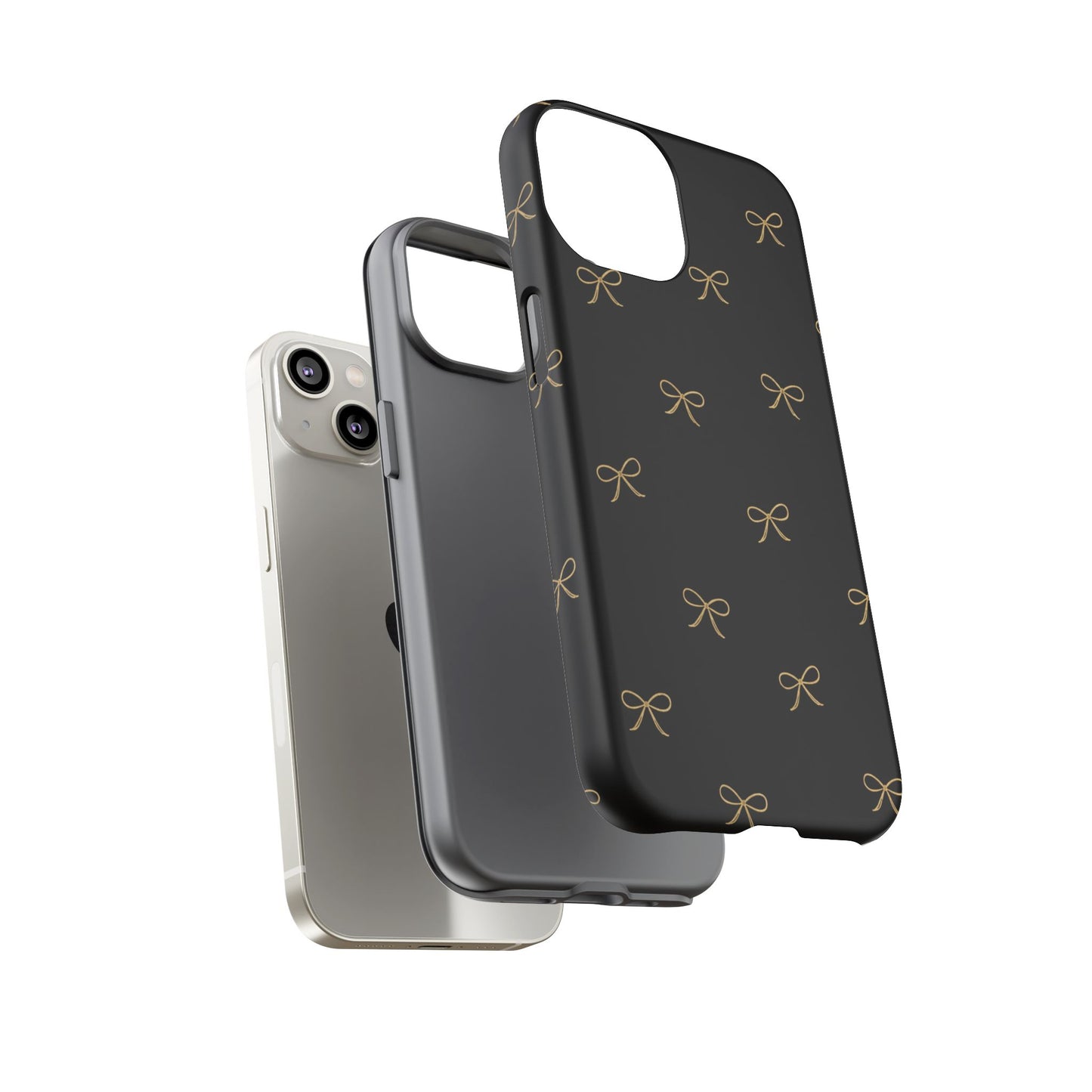 Black Phone Case with Gold Bow Pattern – Slim Protective Cute Aesthetic Cover for Iphone, Samsung Galaxy and Pixel