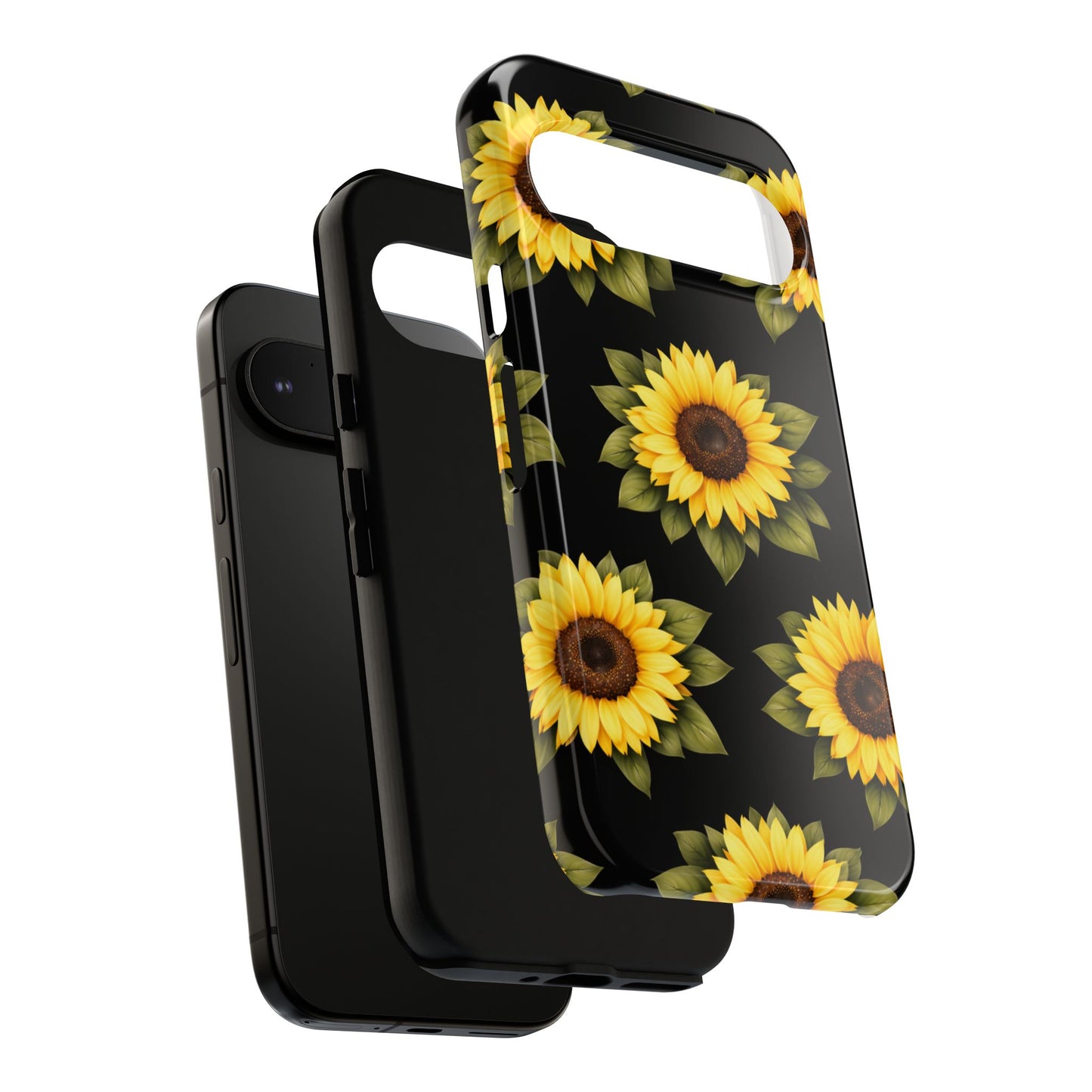 Sunflower Floral Tough Phone Case – Black Background Protective Cover for Iphone, Samsung Galaxy and Pixel