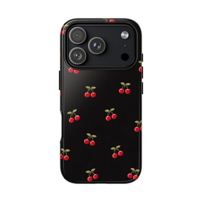 Cherry Pattern Phone Case — Slim Black Protective iPhone Case with Red Cherries for Iphone, Samsung Galaxy and Pixel