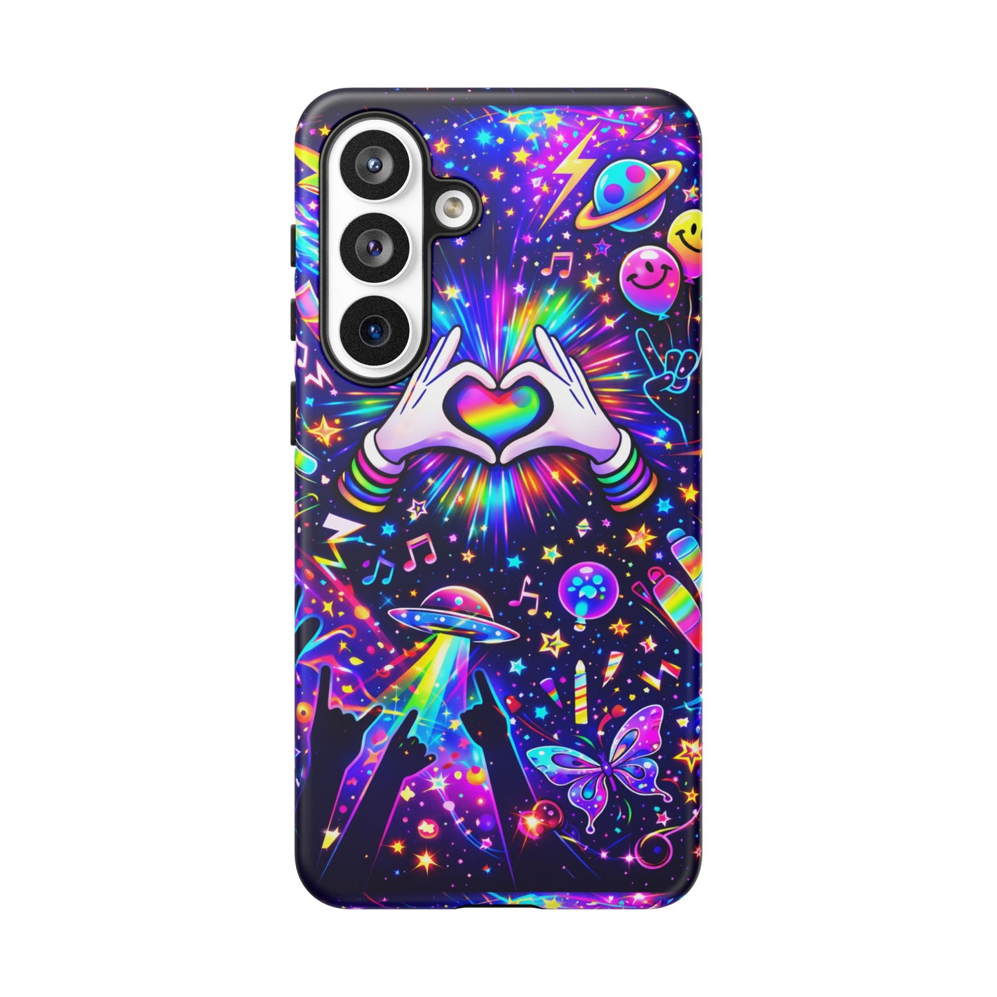 Rainbow Heart Hands Phone Case – Neon Galaxy EDM Festival Tough Cover