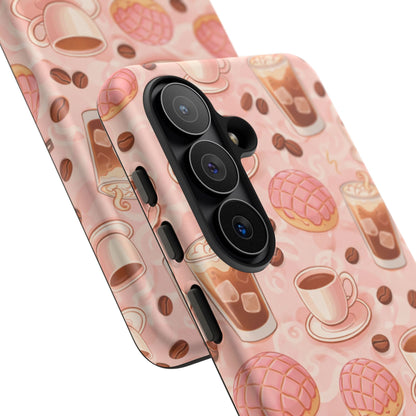 Cute Coffee & Pink Concha Phone Case – Coffee Lover Aesthetic Latte Pattern Tough Case