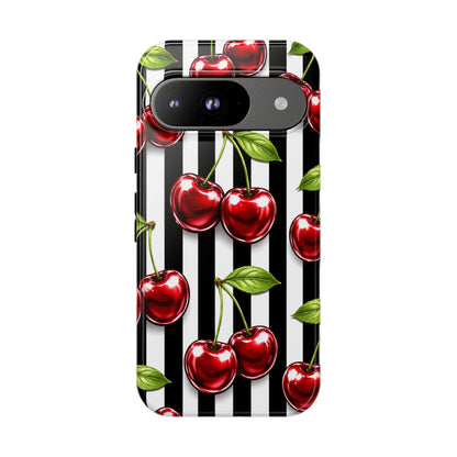 Cherry Pattern Phone Case Black White Stripe Retro Aesthetic Tough Cover