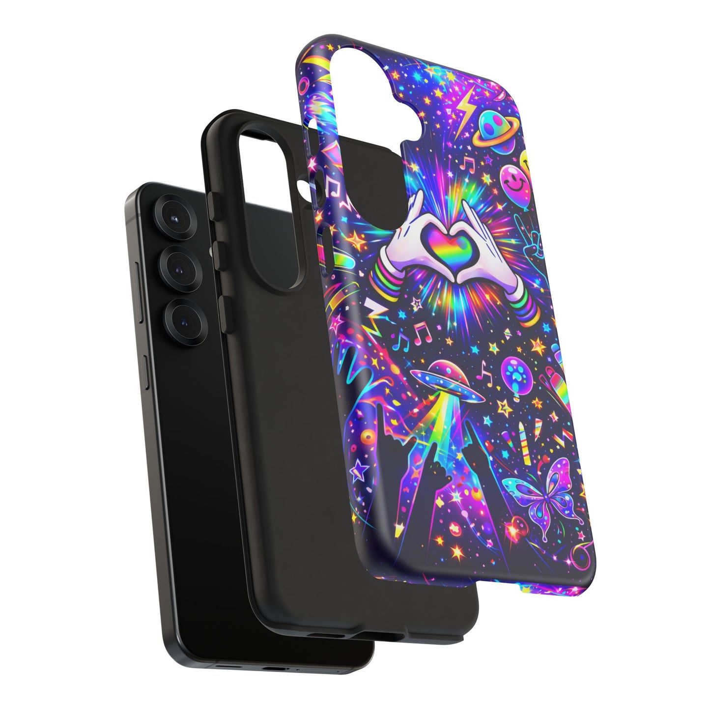 Rainbow Heart Hands Phone Case – Neon Galaxy EDM Festival Tough Cover
