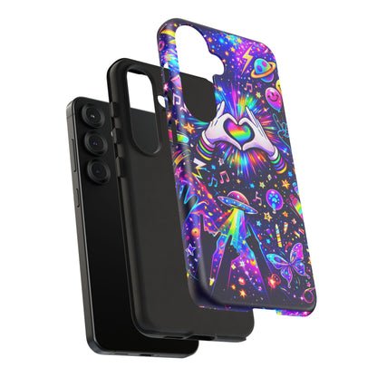 Rainbow Heart Hands Phone Case – Neon Galaxy EDM Festival Tough Cover