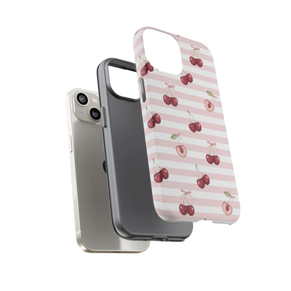 Pink Cherry Stripe Phone Case | Cute Coquette Aesthetic Protective Tough Case