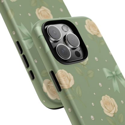 Vintage Rose Bow Phone Case – Sage Green Floral Coquette Aesthetic Tough Case (iPhone, Samsung, Pixel)