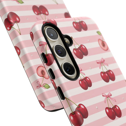 Coquette Cherry Bow Phone Case | Cute Pink Aesthetic Cherry Pattern Tough Case for iPhone & Samsung