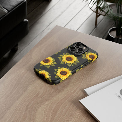 Sunflower Floral Tough Phone Case – Black Background Protective Cover for Iphone, Samsung Galaxy and Pixel