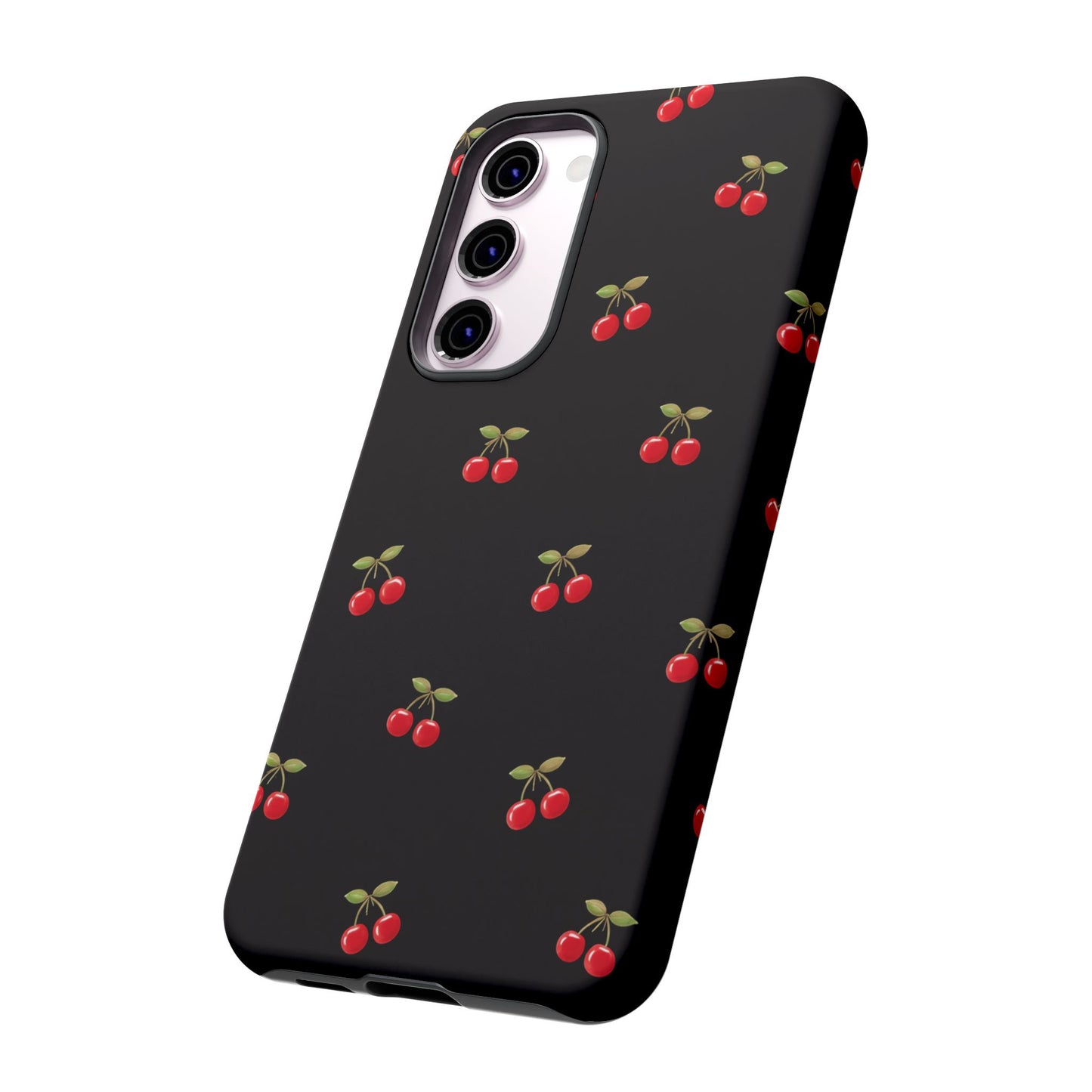 Cherry Pattern Phone Case — Slim Black Protective iPhone Case with Red Cherries for Iphone, Samsung Galaxy and Pixel