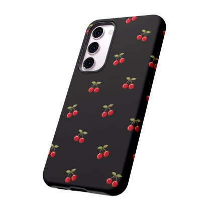 Cherry Pattern Phone Case — Slim Black Protective iPhone Case with Red Cherries for Iphone, Samsung Galaxy and Pixel