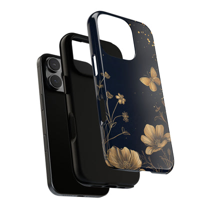 Gold Floral Butterfly Phone Case, Dark Aesthetic Botanical, Elegant Black Luxury iPhone Samsung Cover