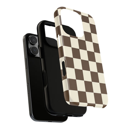 Mocha Checkerboard Phone Case | Neutral Aesthetic Checkered iPhone & Samsung Tough Case