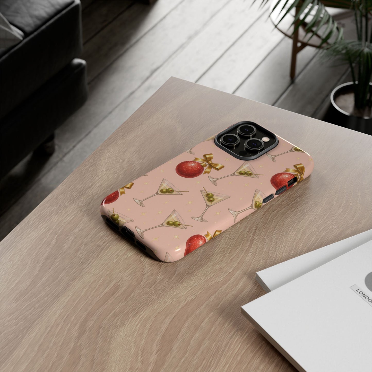 Cocktail Ornament Phone Case – Pink Martini & Cherry Pattern | Glossy or Matte for Iphone, Samsung Galaxy and Pixel