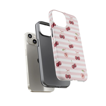 Pink Cherry Stripe Phone Case | Cute Coquette Aesthetic Protective Tough Case