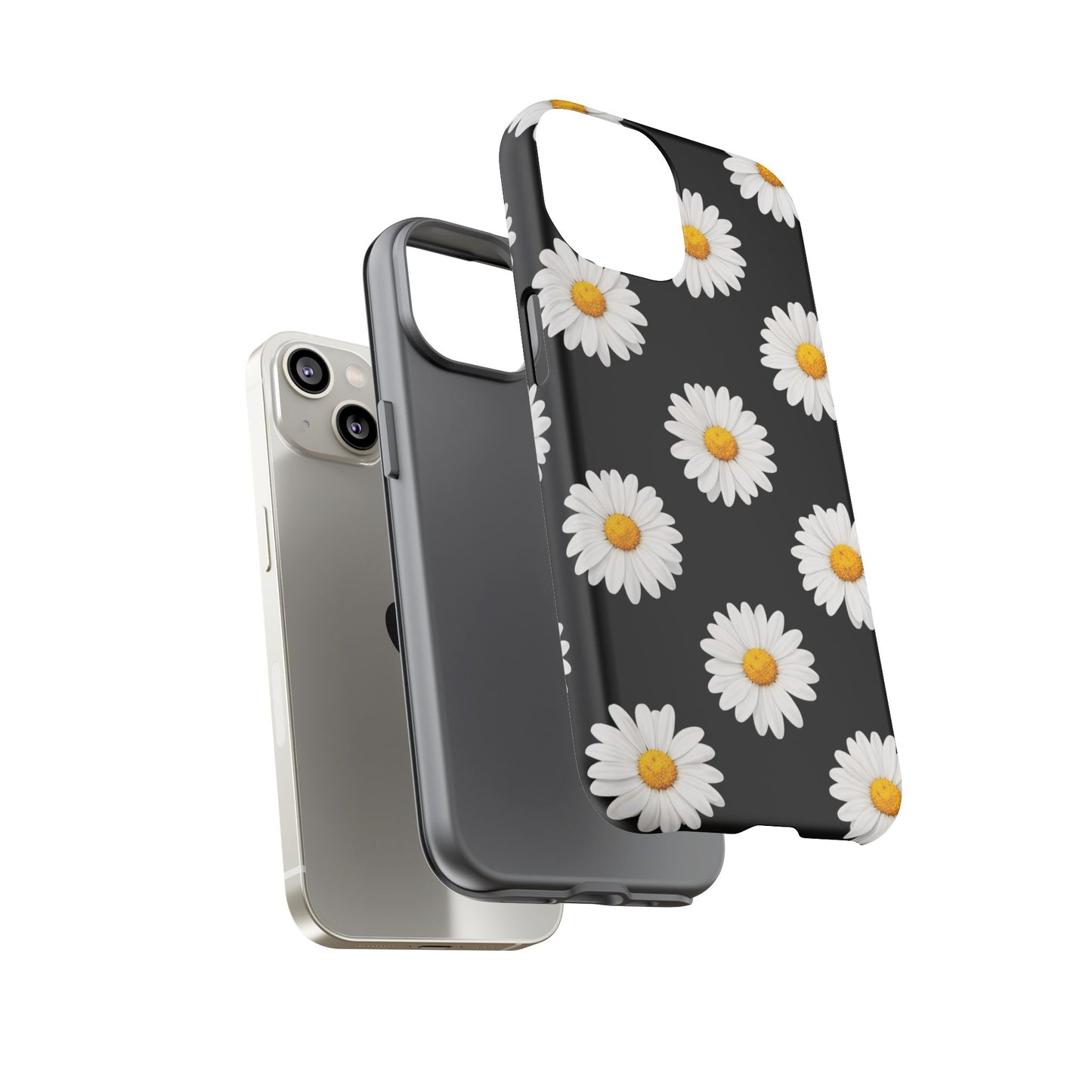 Black Daisy Floral Tough Phone Case – Cute Protective Cover for Iphone, Samsung Galaxy and Pixel