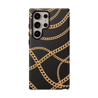 Luxury Gold Chain Phone Case – Black Designer Style Tough Protective Cover for Iphone, Samsung Galaxy and Pixel